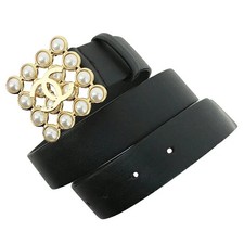 CHANEL Belt Leather Costume pearl Black Gold WOC Women Used