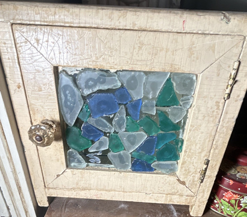 Antique Apothecary cabinet. Sea-glass. Glass shelves. 