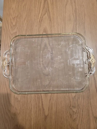 VINTAGE  1950's JEANETTE GLASS SERVING TRAY-RECTANGLE-LYRE & SCROLL PATTERN-USED
