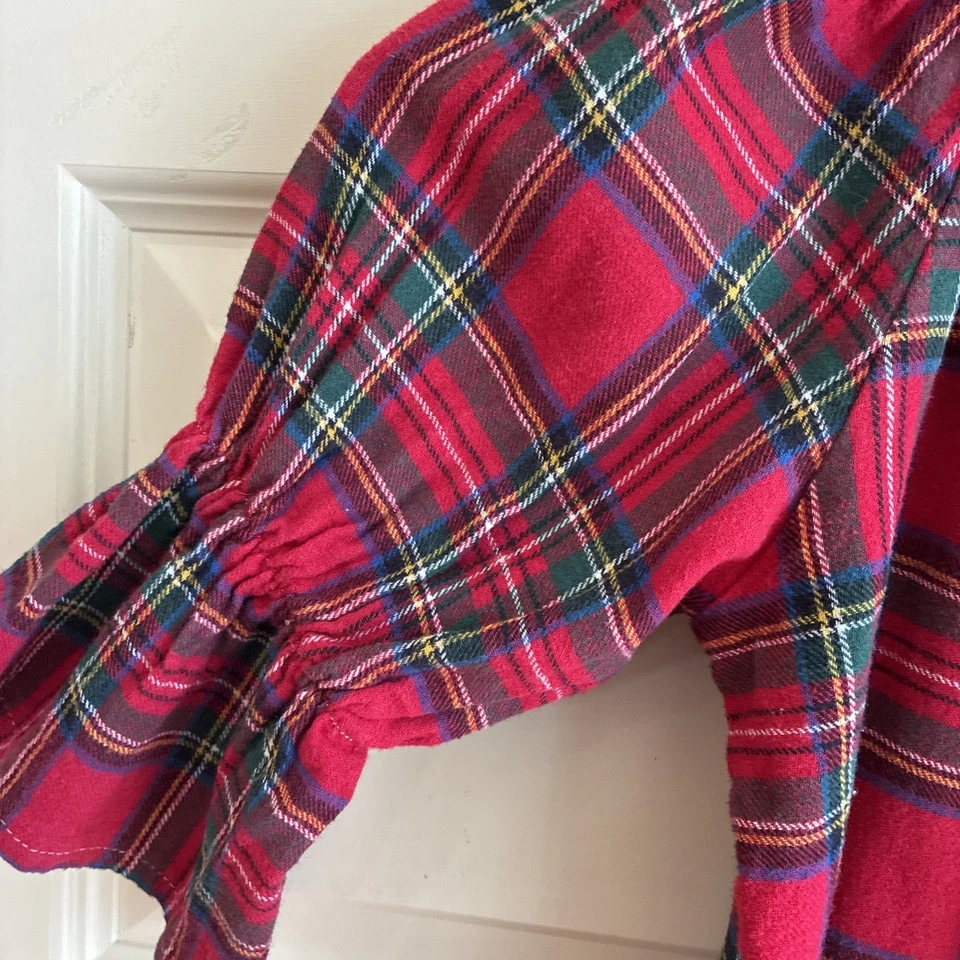 Niñas Hecho a Mano Rojo Franela Tradicional Vestido de Navidad Mangas Largas Foto 3 de 4