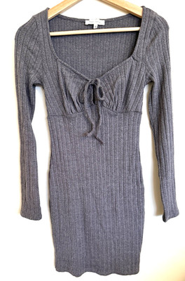  Gray Bear Dance Rib Warm Knit Mini Dress Long Sleeve Tie Front Size S