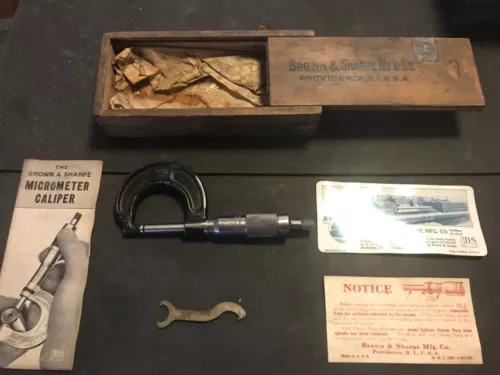 Vtg Brown & Sharpe 11RS Micrometer Caliper 0-1" in Original Wood Box & Paperwork