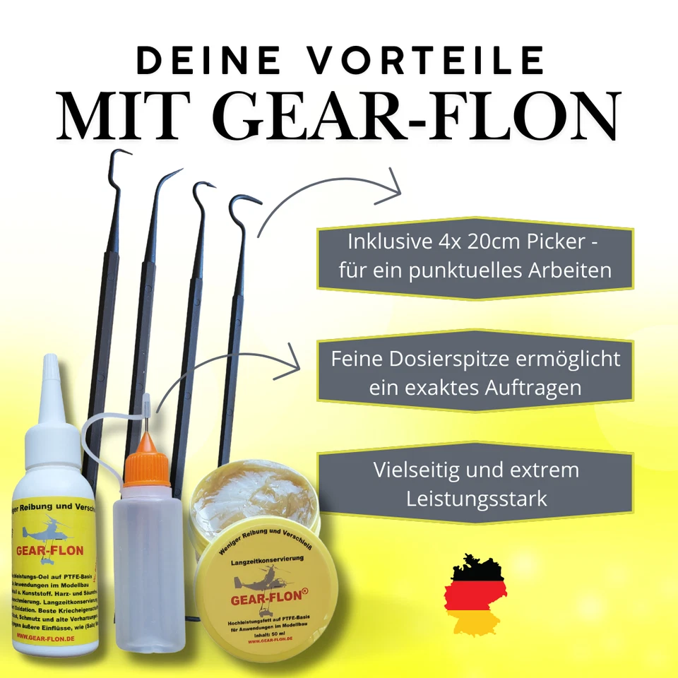 GEAR-FLON Set Modellbau Hochleistungsöl-Fett mit PTFE 100ml plus Dosierflasche u. 4 Picker