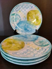 Nicole Miller Set of 4 Melamine Coastal Plates Blue Green Lemon Character Ribbed