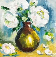 Original Artwork Peony Painting Coffee Table Decor Gift Flower in vase 6 x 6"