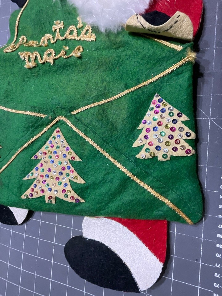 VTG SANTA'S MAIL BAG Card Holder Christmas Felt Sequins Wall Hanging