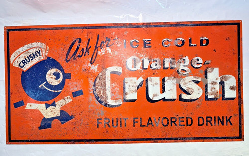 RARE Vintage Original "ASK FOR" Orange Crush Soda 24"X48" Advertising Sign Tin