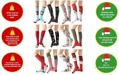 12 pares, calcetines navideños de Navidad, 12 diseños diferentes, talla navideña 9-11 - Imagen 27 de 38