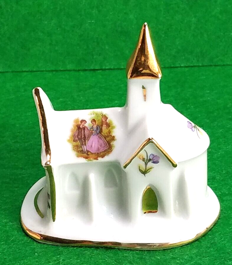 Vtg Limoges Castle Porcelain CHURCH FIGURINE=Gold Trimmed/Florals