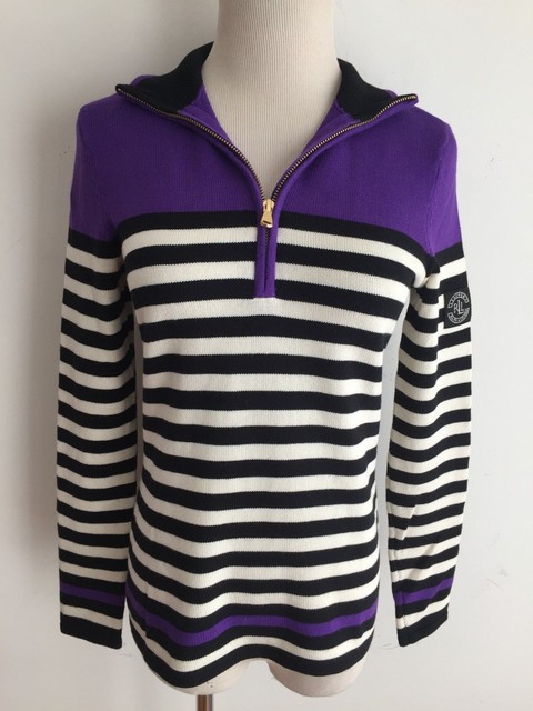 Ralph Lauren 1/2-Zip Mock Turtleneck Cotton Sweater Ivory & Navy Stripes Sz XS | eBay