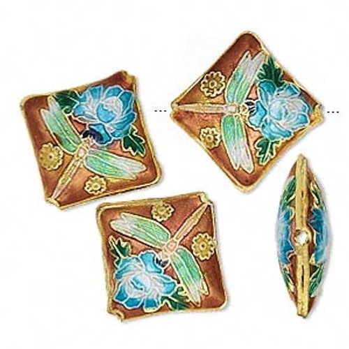 4 Gold Plated Cloisonné 19x6mm Double Sided Diamond Dragonfly Flower Beads - Picture 5 of 5