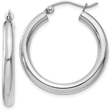 25mm 14K White Gold Polished 3mm Tube Hoop Earrings T850