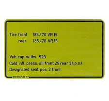 PORSCHE CAPACITIES / TIRES DECAL 911SC 911 911.006.512.07