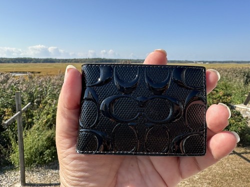 NEW COACH CV423 Signature black patent leather compact billfold $150 classic wow - Picture 9 of 9