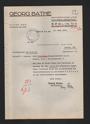 BERLIN, Brief 1939, Georg Bathe Papier-Handlung
