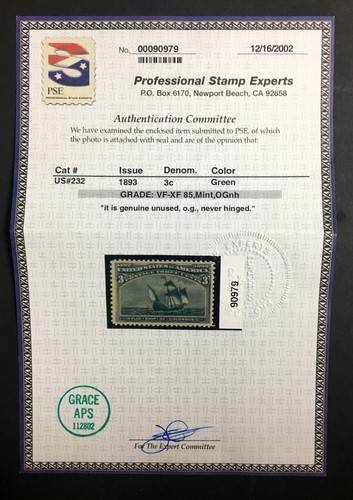 MOMEN: US STAMPS #232 MINT OG NH PSE GRADED CERT VF/XF-85 LOT #89098 - Picture 2 of 3