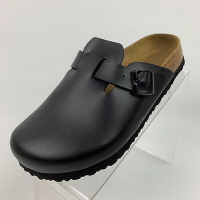 Joe N Joyce Mules Black Leather Round Toe Buckle Slide Shoes