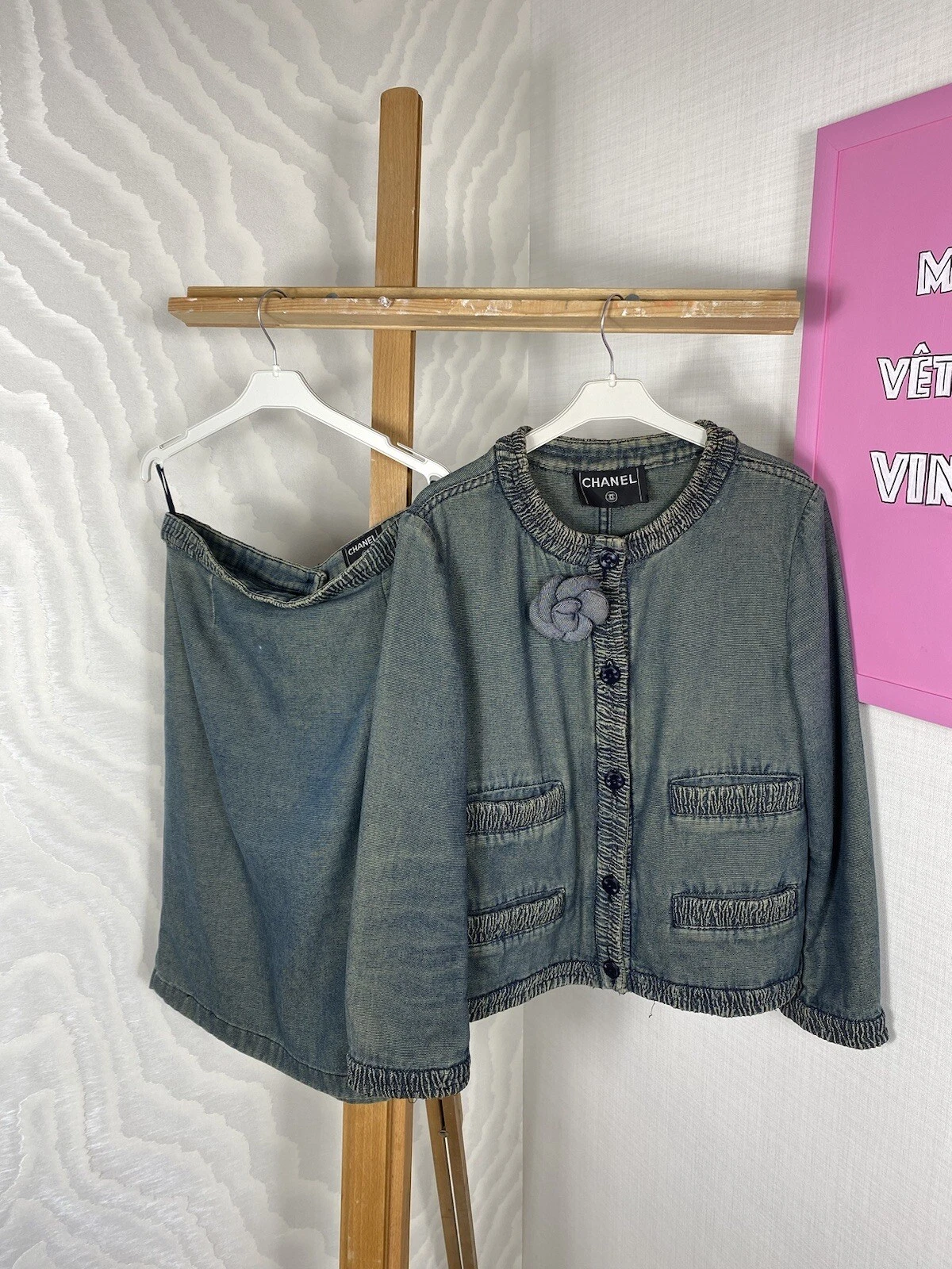 Rara giacca blazer tuta denim vintage Chanel 2001 + minigonna set quattro tasche