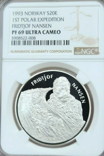 1993 NORWAY SILVER 20 ECU 1ST POLAR EXPEDITION NGC PF 69 ULTRA CAMEO SCARCE COIN