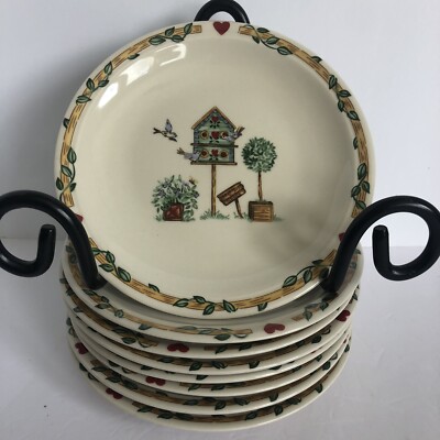 Vintage Thompson Pottery Birdhouse Bread & Butter Plates 6 3/8'' Set of 8