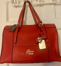 Guess "Pinole" Medium Tote Handbag in Solid Red W/ Bag Charm Ver Rare! Authentic