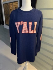 NEW Marley Lilly Y'ALL Blue Terry Sweatshirt Long Sleeve Patchwork Pullover L/XL