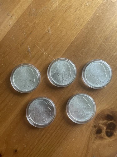 5 x 1 oz .999 Silver Buffalo Rounds Native American Design in Capsules