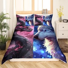 3D Dragon Wolf Duvet Cover Queen Size Red Blue Starry Sky Splice Bedding Set ...