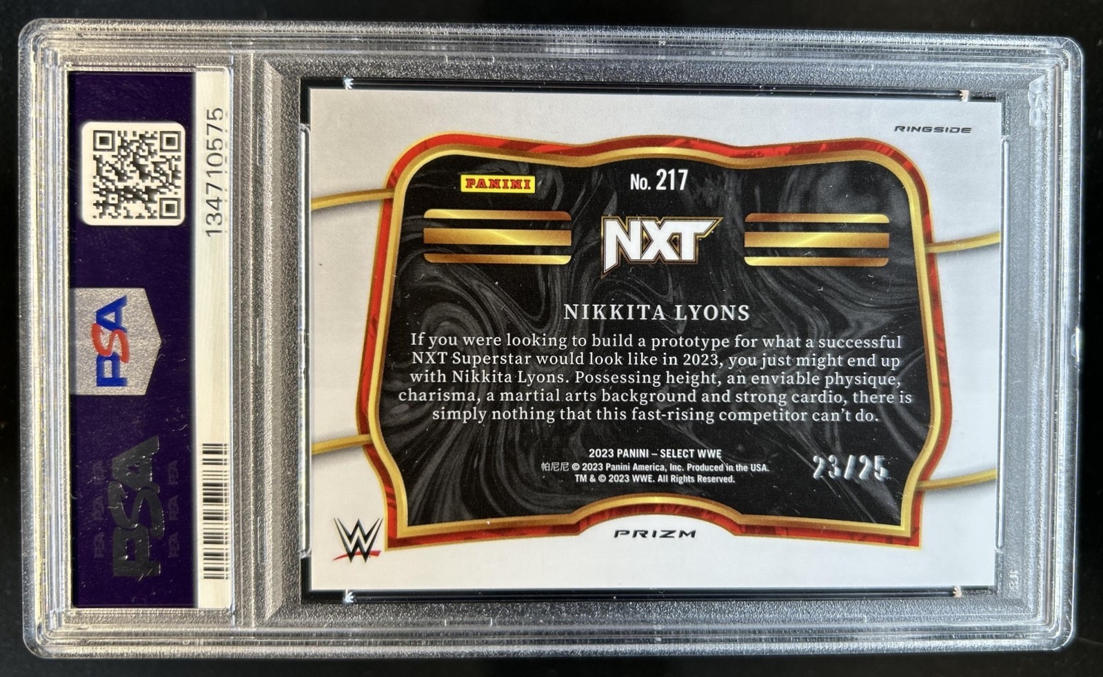 2023 Panini Select WWE Nikkita Lyons Tie Dye Prizm Ringside #/25 PSA 9 view 2