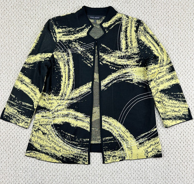 Ming Wang Sweater Womens M Yellow Black Open Front 3/4 Sleeve Knit Sweater