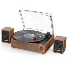 Record Player with External Bookshelf Speakers Belt-Drive Vintage Brown Wooden