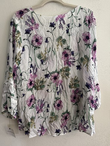 WOMEN BOHO FLORAL XL TOP RELAXED PUFF SLEEVE V NECK FEMININE Liz Claiborne - Picture 6 of 6