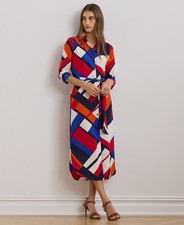 Lauren Ralph Lauren Petite Belted Printed Shirtdress Red Blue Size 8P MSRP $165