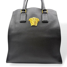 VERSACE Black Leather Tote Bag Medusa Logo Gold Hardware A4 Size Italy
