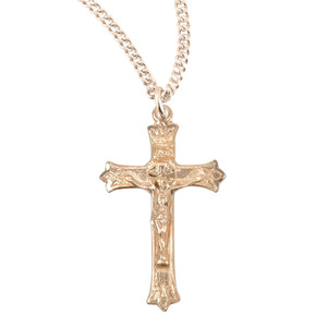 Authentic Triple Flare Tip Gold Plated Sterling Silver Crucifix Medal Necklace, 18" Chain
