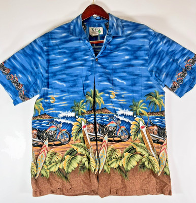 KY s Men s Blue Hawaiian Motorcycle Surfboard Shirt Vacation Beach Size XL ~NICE