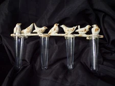 Cast Iron Art Flower Bud Vase 7 birds, 4 glass bud vases. Rustic Vintage