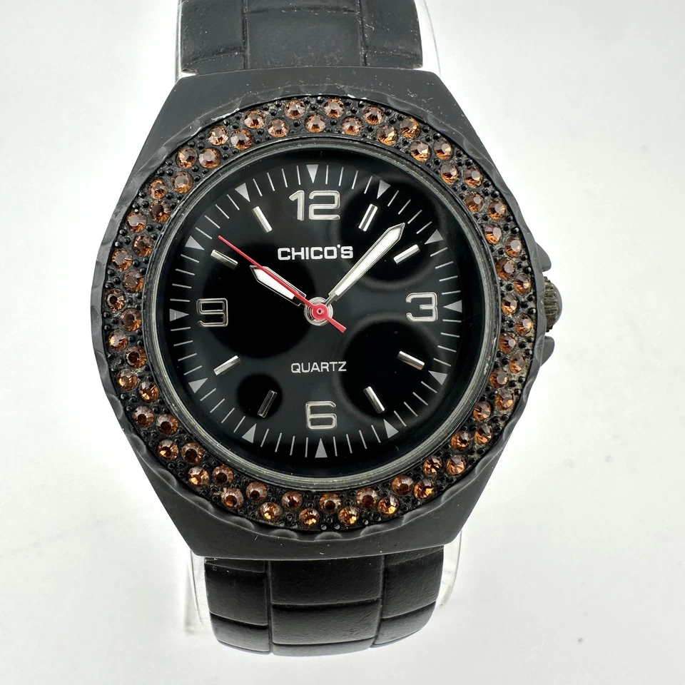 Reloj Chico's Negro 6" Pulsera Puño 33mm Estuche Cristal Bisel Mujer Batería Nueva Foto 2 de 4
