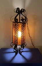 Vintage Swag Light Lamp Black Metal Scrolled Amber