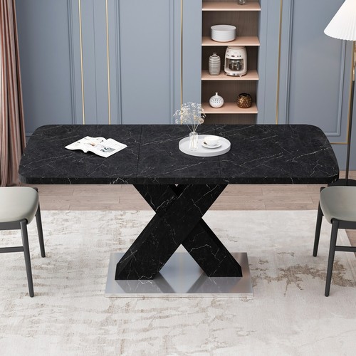 Modern Stretchable Dining Table with Faux Marble Table Top and X-Shape Table Leg - Picture 11 of 66