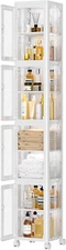 4 Tier Tall Plastic Slim Storage Cabinet with Lockable Wheels, Adjustable Shelve