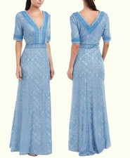 Tadashi Shoji 'Landry' Lace Short-Sleeve V-Neck Gown Dress Cloud Blue sz 6 528