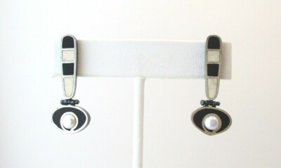 Artisan Made Earrings Silver Inlay Hinged Dangle Pearl Beautiful 40a13