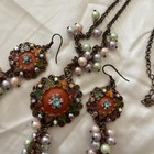 3 piece Boho Fashion Necklace Earrings Set Rhinestones  Enamel Pearls Statement