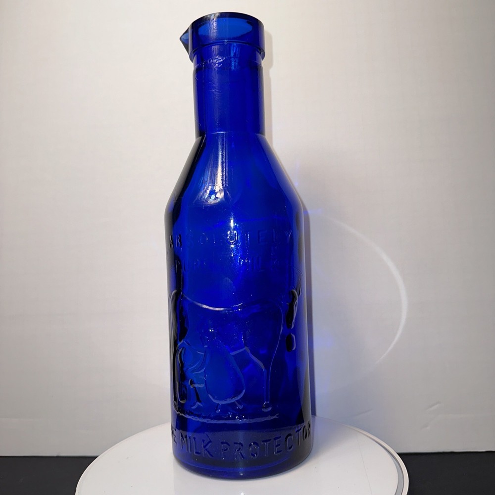 Cobalt Blue Glass Milk Bottle ‘Absolutely Pure Milk’ The Milk Protector Embossed