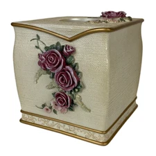 Floral Tissue Box Cover 3D Resin Pink Roses Cream Gold Square Cottagecore