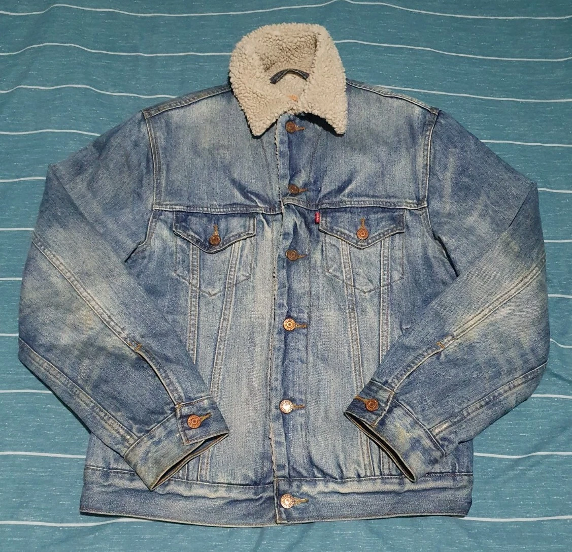 LEVIS Jacket Men s Small Blue Denim Sherpa Fleece Fur Lined Western Trucker Jean
