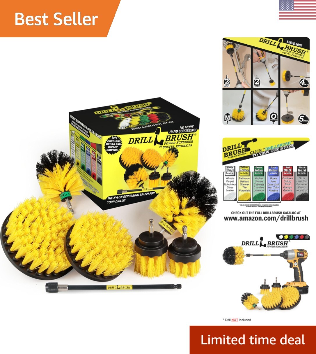 Professional Yellow Bathroom Scrubber Brush Set with Cordless Drill Attachments