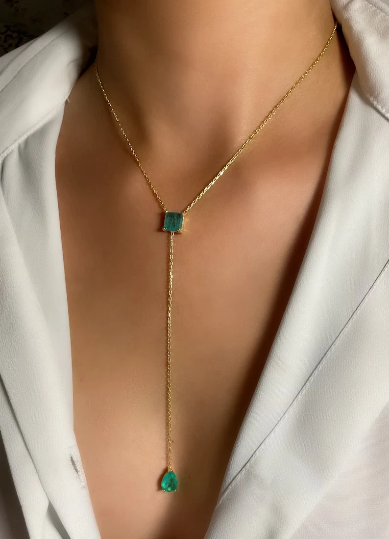 6CT Lab Created Green Emerald Lariat Long Layering Y Drop Necklace