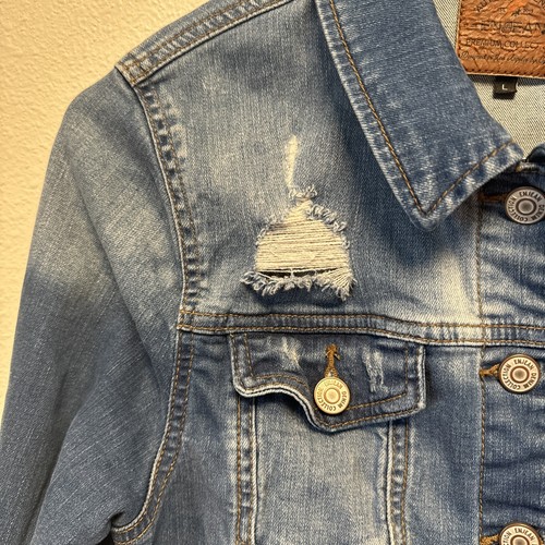 Ladies/ Teens Distressed Denim Jacket Enjean Premium Collection Size Large Great - Picture 4 of 8